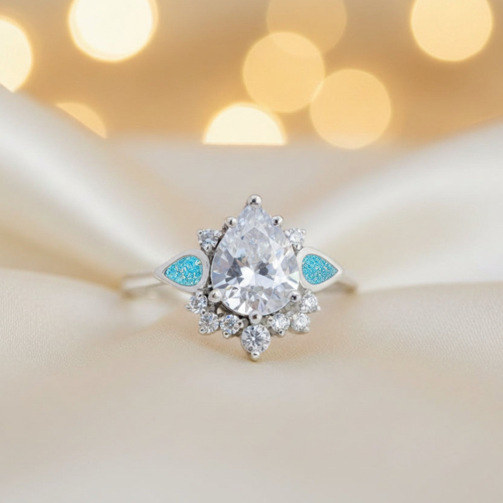 Silver Dew Drop Ashes Memorial Ring with aqua opal inlay, handcrafted in the UK