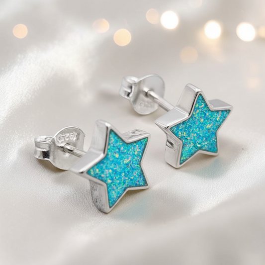 Star Earrings — silver star ashes memorial stud earrings with marine blue crushed opal, handcrafted in Lancashire, UK