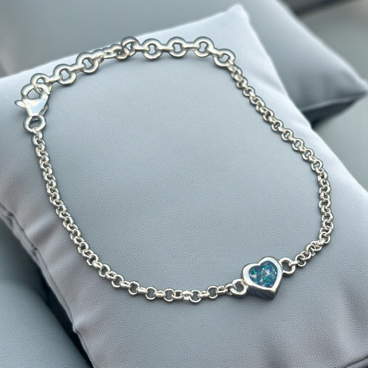 Silver belcher chain mini heart memorial bracelet, handcrafted in Lancashire, UK