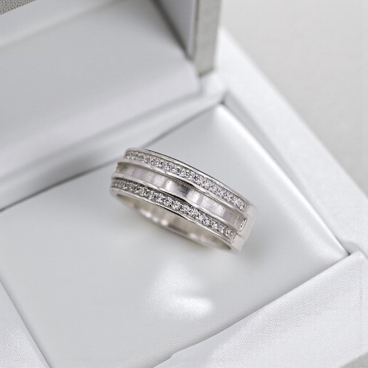 Silver channel keepsake ring, with double band crystal, handcrafted in Lancashire, UK