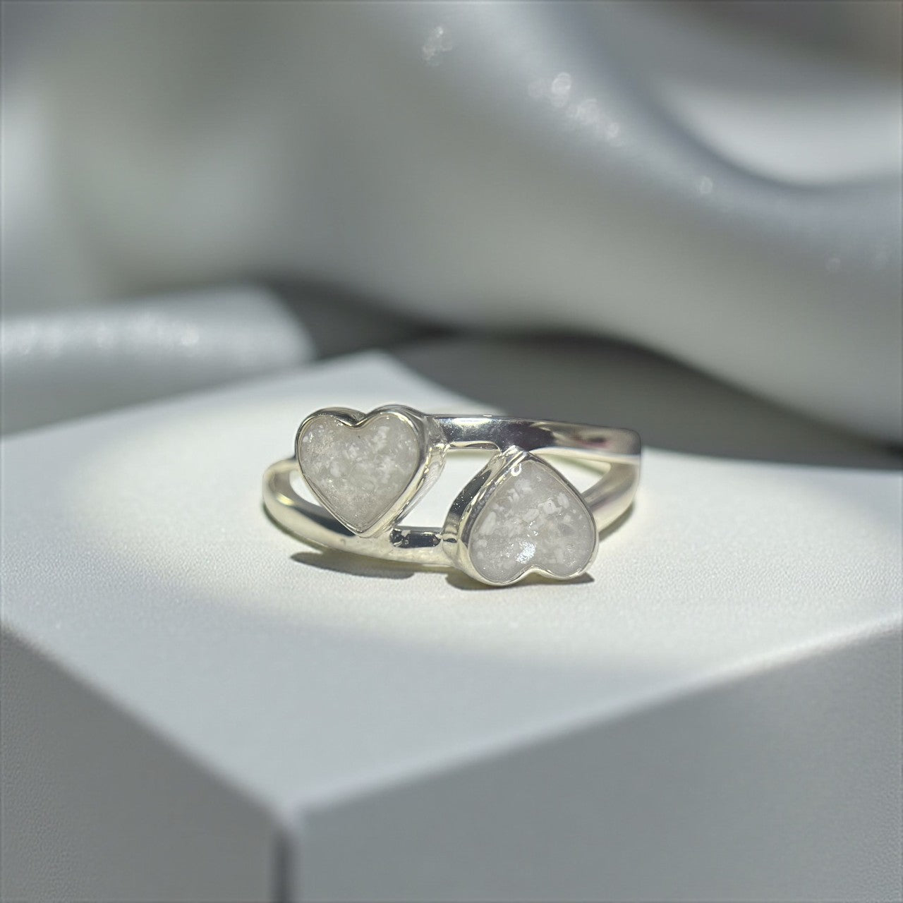 Silver double heart memorial ring, handcrafted in Lancashire, UK