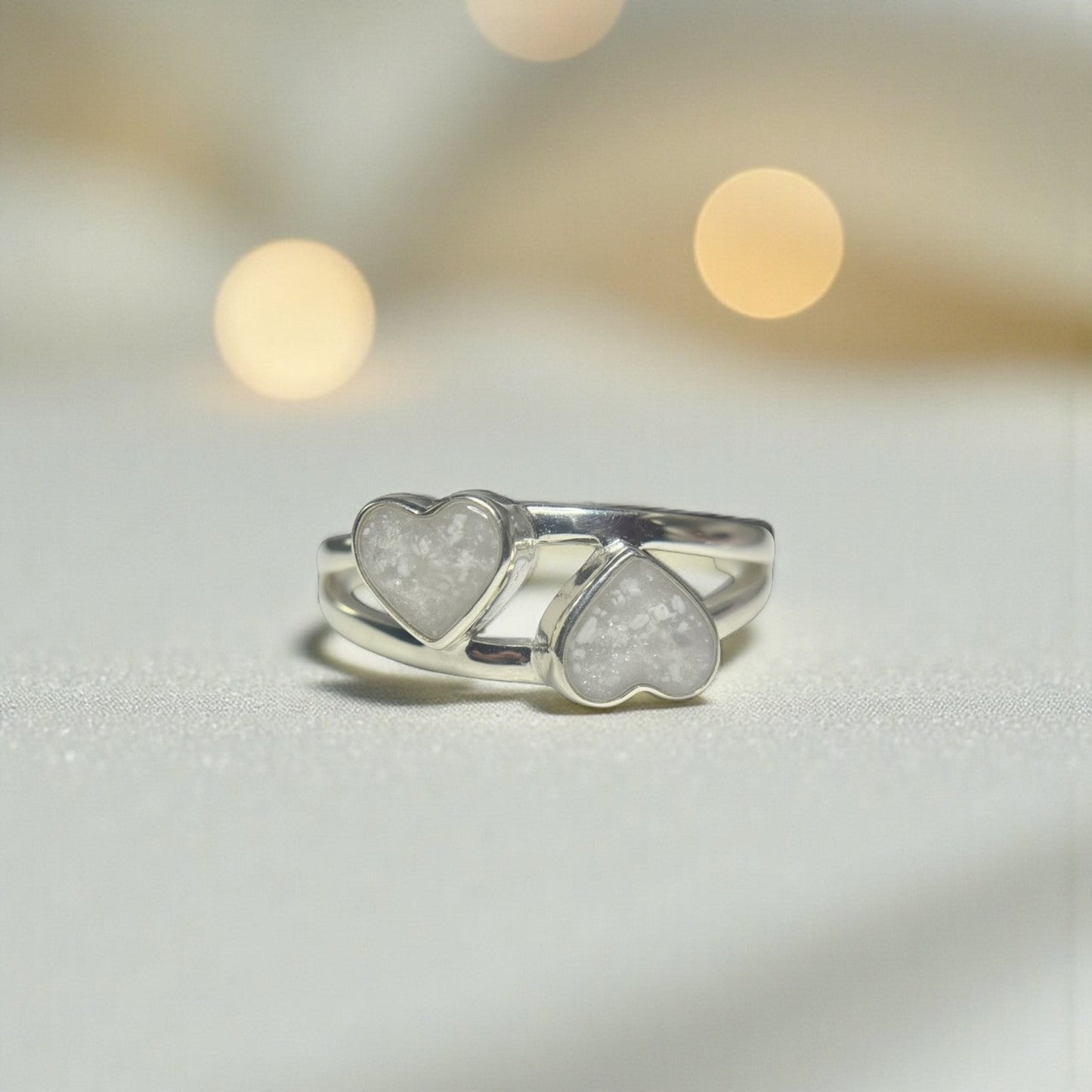 Alouette Ring — silver double heart ashes memorial ring, handcrafted in Lancashire, UK