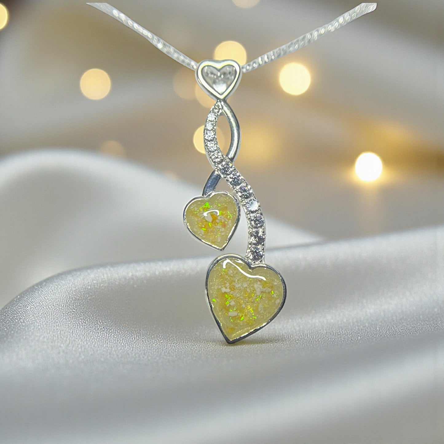 silver double heart memorial pendant, handcrafted in uk