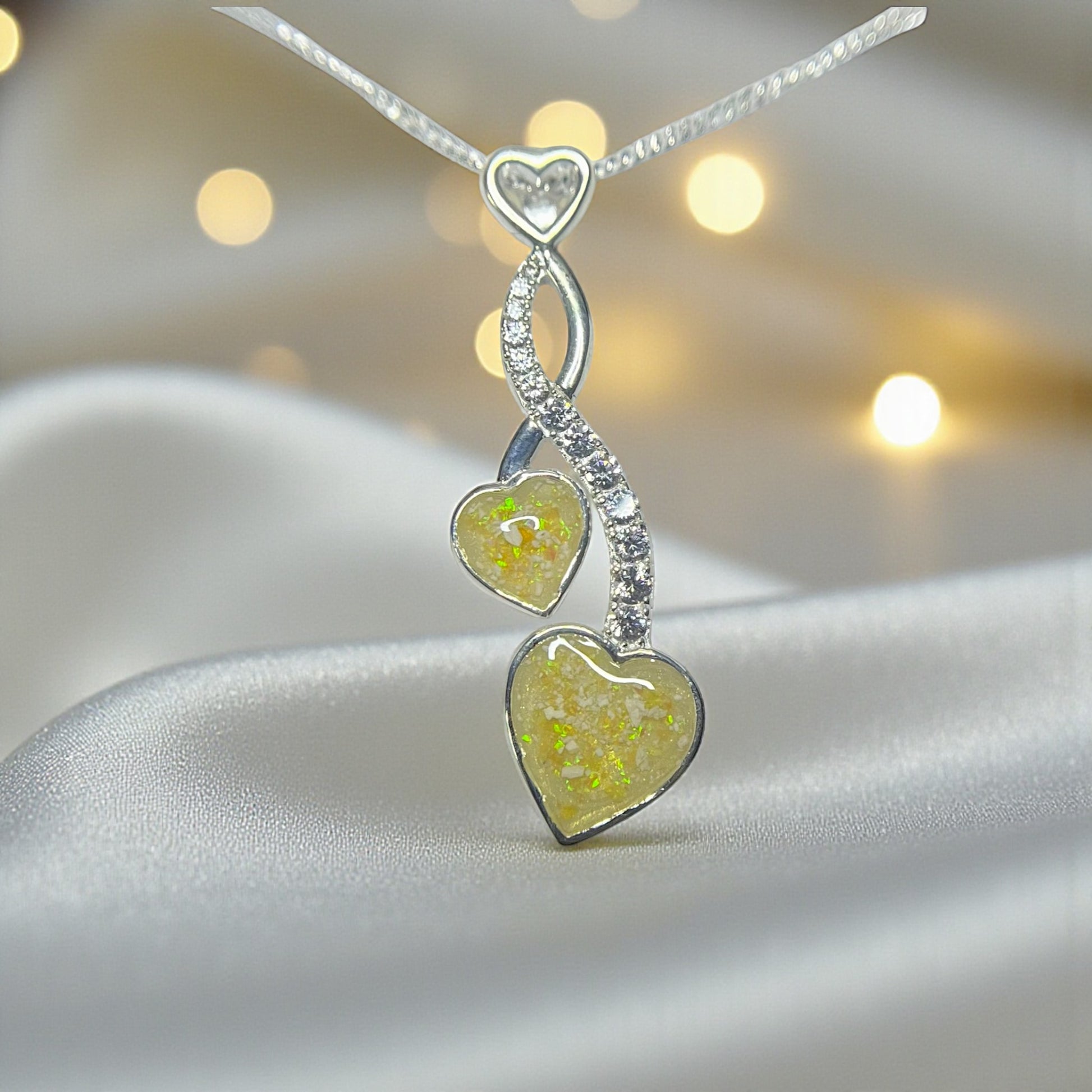 silver double heart memorial pendant, handcrafted in uk