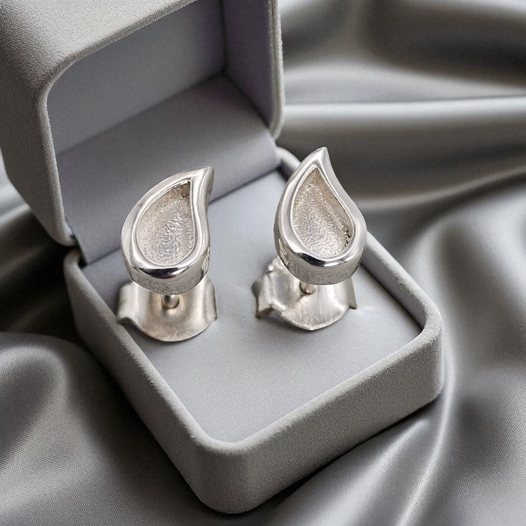 Silver raindrop stud earrings, handcrafted in Lancashire, UK