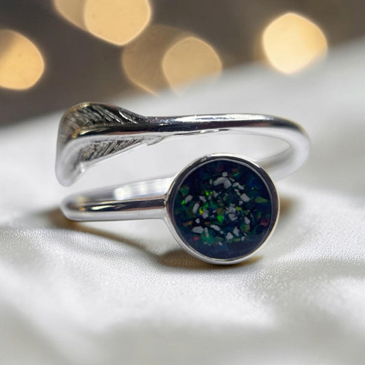 Feather Whisper Ring — silver feather ashes memorial ring, handcrafted in Lancashire, UK