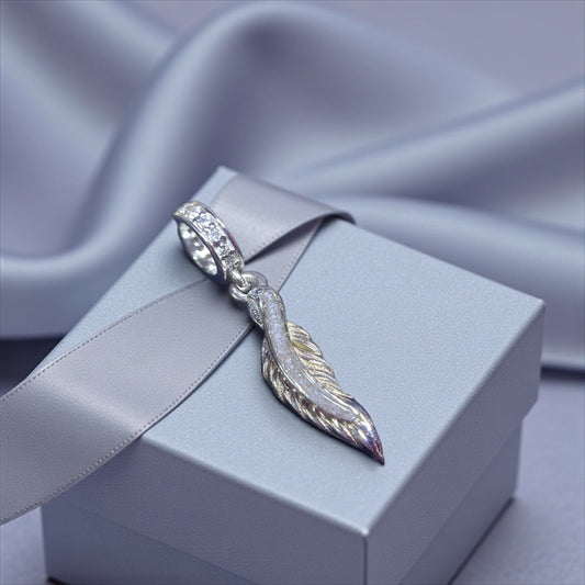 Silver feather dangle memorial ashes charm, handcrafted in Lancashire, UK