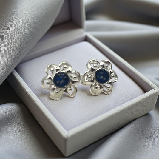 Silver flower stud memorial earrings, handcrafted in Lancashire, UK