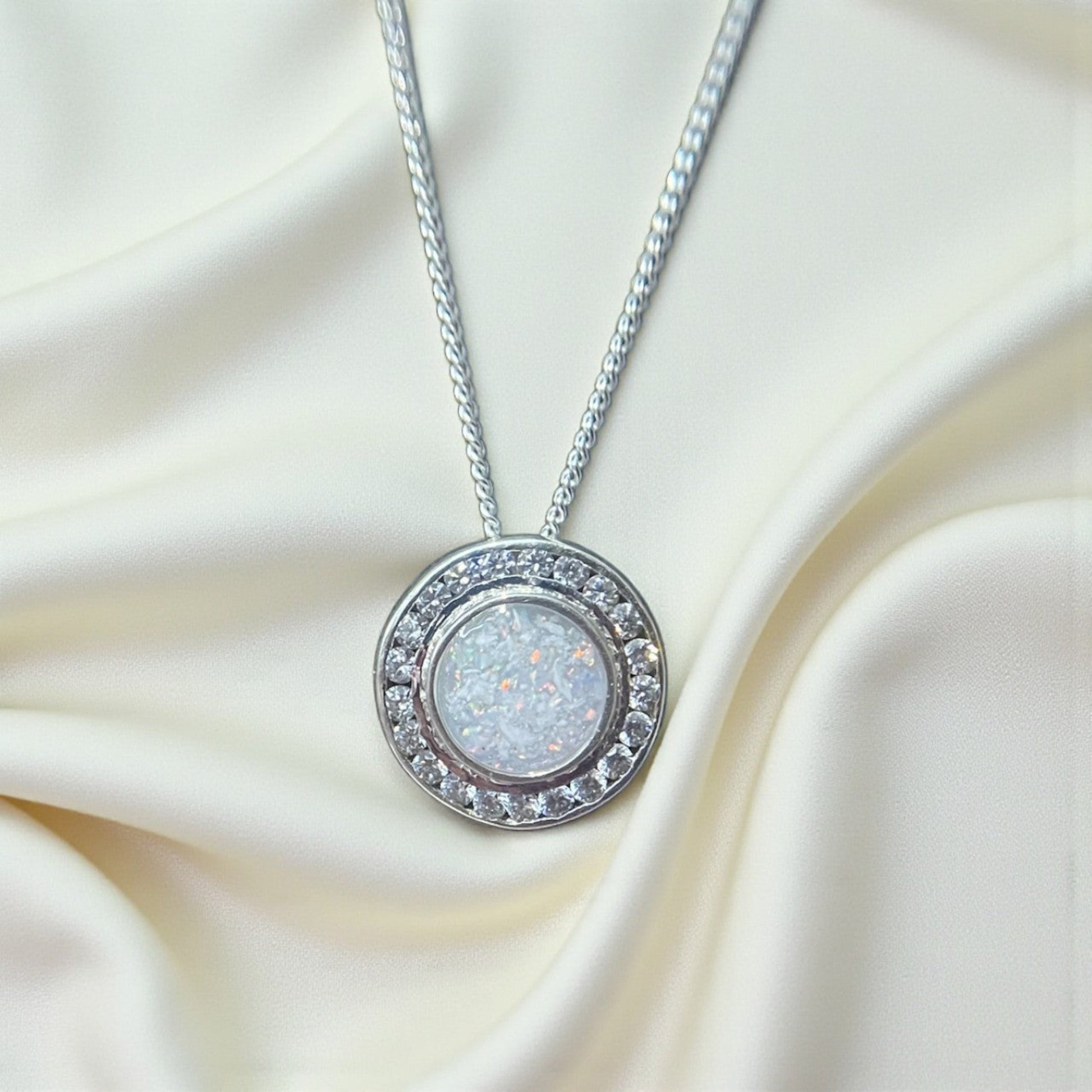 Alderan round halo CZ memorial pendant in White Snow, 925 sterling silver, handcrafted in the UK
