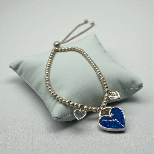 Silver beaded heart memorial heart bracelet, handcrafted in Lancashire, UK