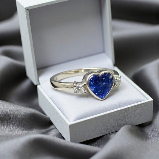 Silver heart shaped memorial ring with crystal, handcrafted in Lancashire, UK