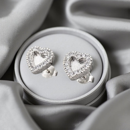 Silver crystal heart stud earrings, handcrafted in Lancashire, UK 