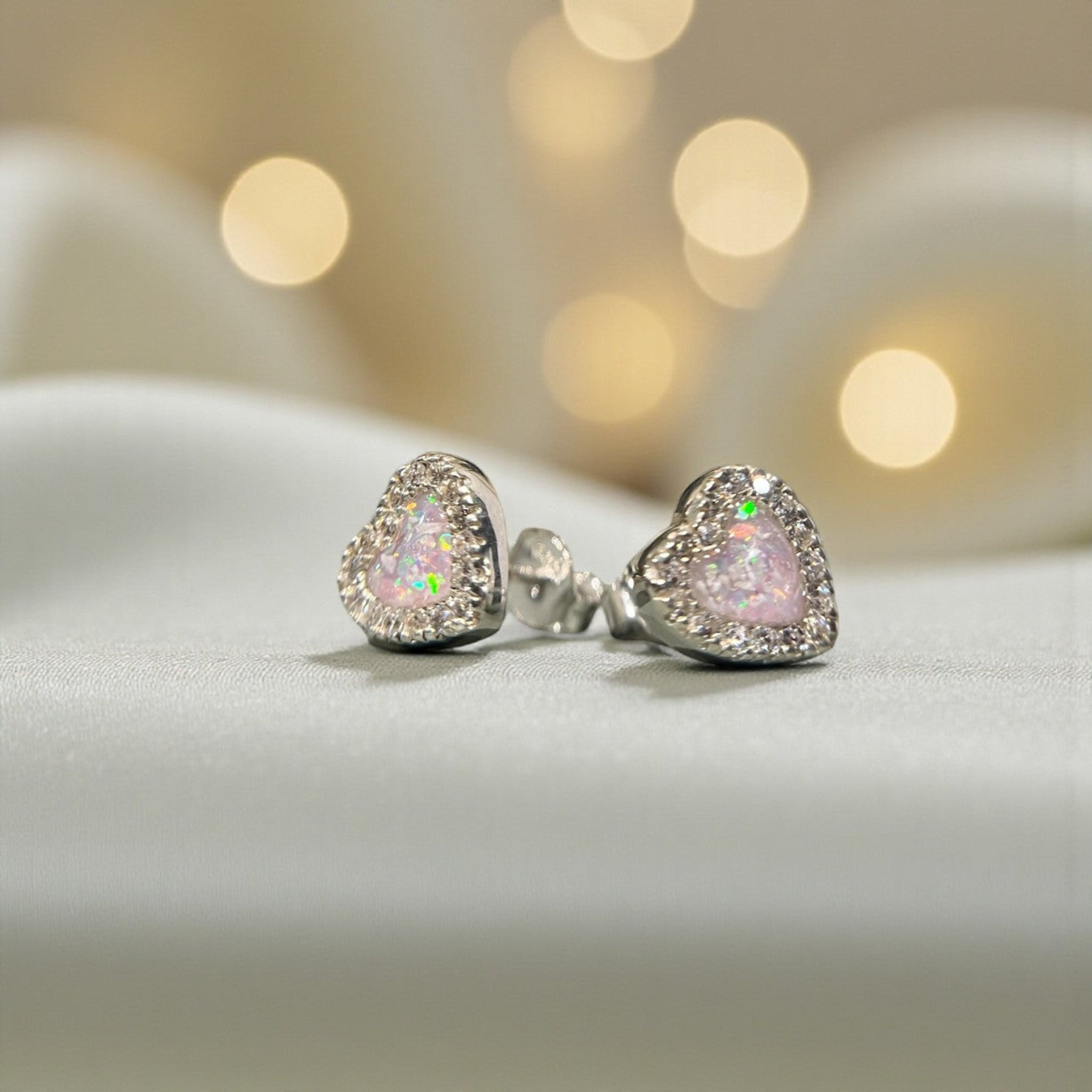 Opal Dawn Earrings — silver heart CZ remembrance earrings, handcrafted in Lancashire, UK