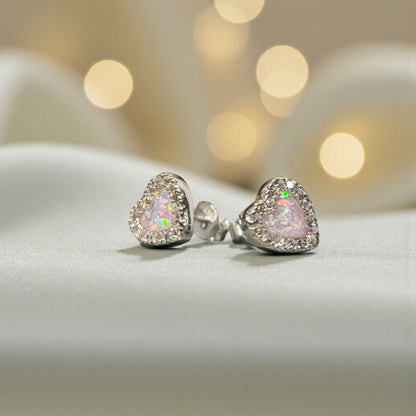 Opal Dawn Earrings — silver heart CZ remembrance earrings, handcrafted in Lancashire, UK