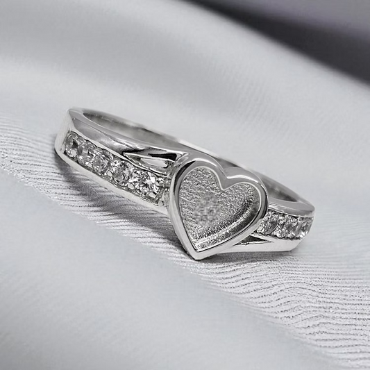 Silver crystal heart memorial ring, handcrafted in Lancashire, UK