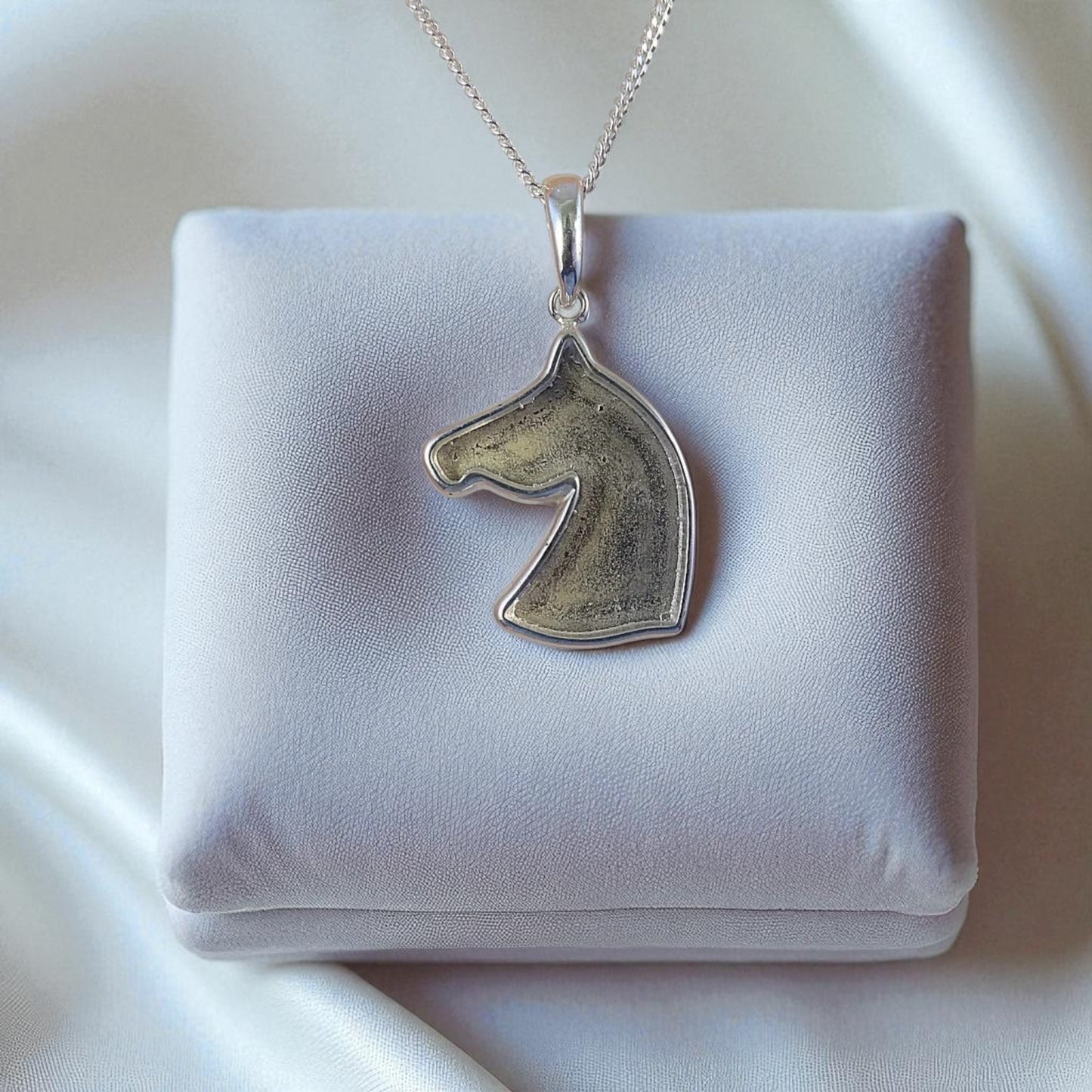Silver horsehead ashes/hair pendant, handcrafted in Lancashire, UK