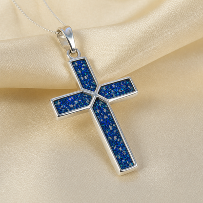 royal blue Endura men's sterling silver cross memorial pendant, 29mm, handcrafted in Lancashire UK by Keepsake Memorial Jewellery