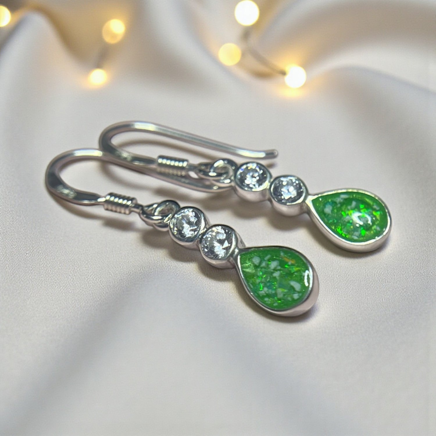Acrux Earrings — silver peardrop ashes memorial earrings, handcrafted in Lancashire, UK