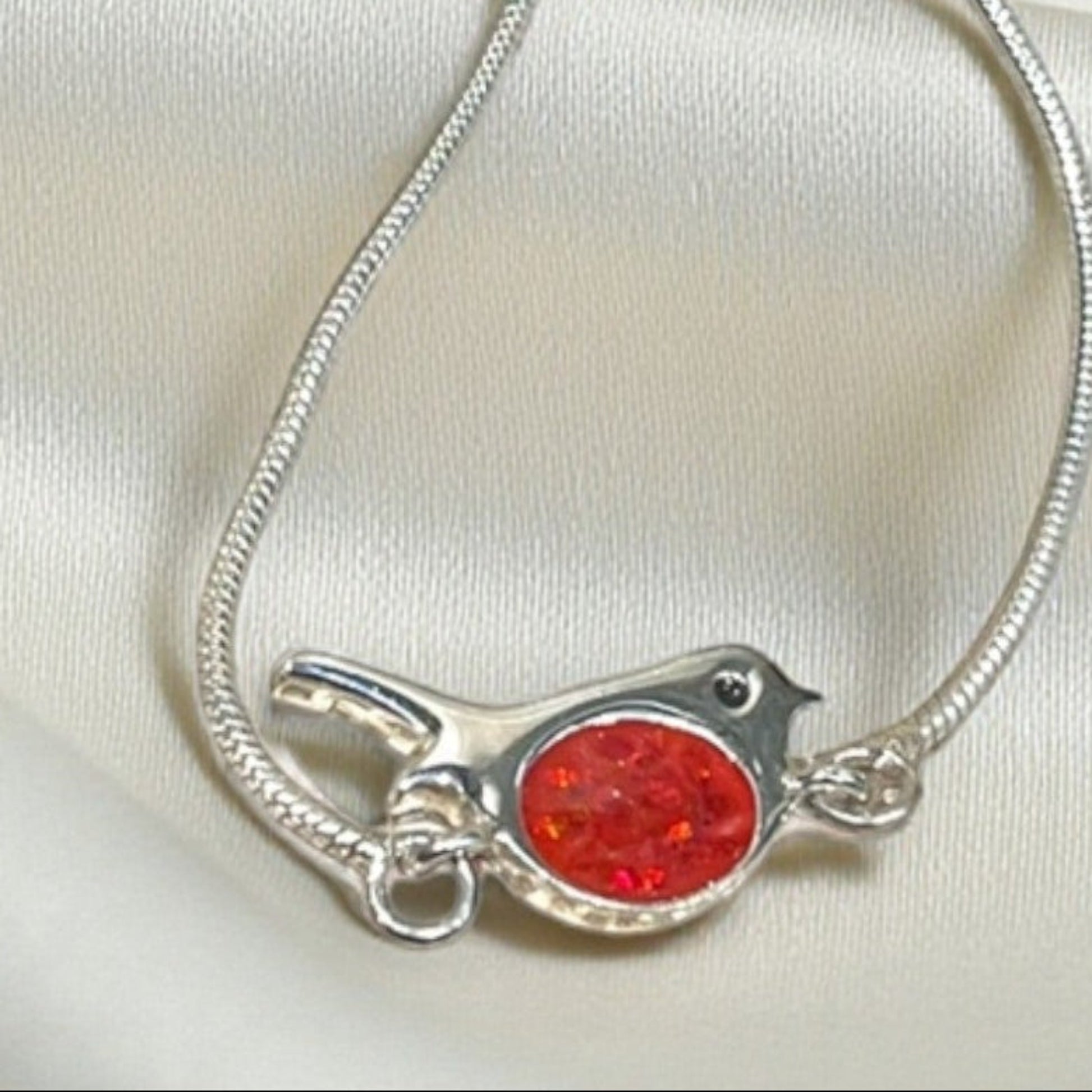 Robin Bracelet — silver robin ashes memorial bracelet, close up, handcrafted in Lancashire, UK