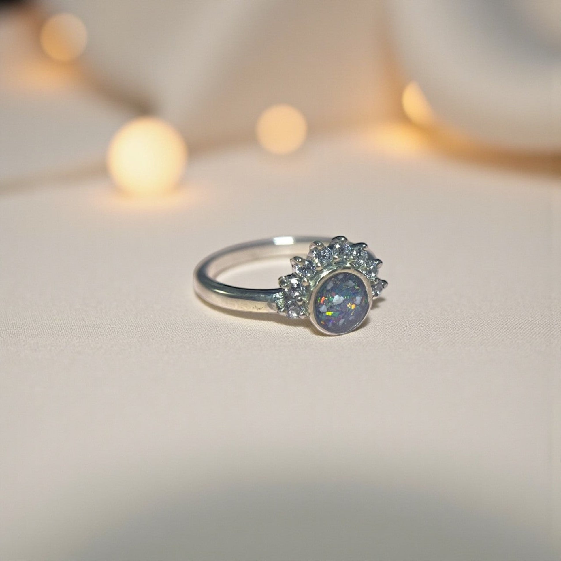 Aurora Ring — silver round CZ ashes memorial ring, handcrafted in Lancashire, UK