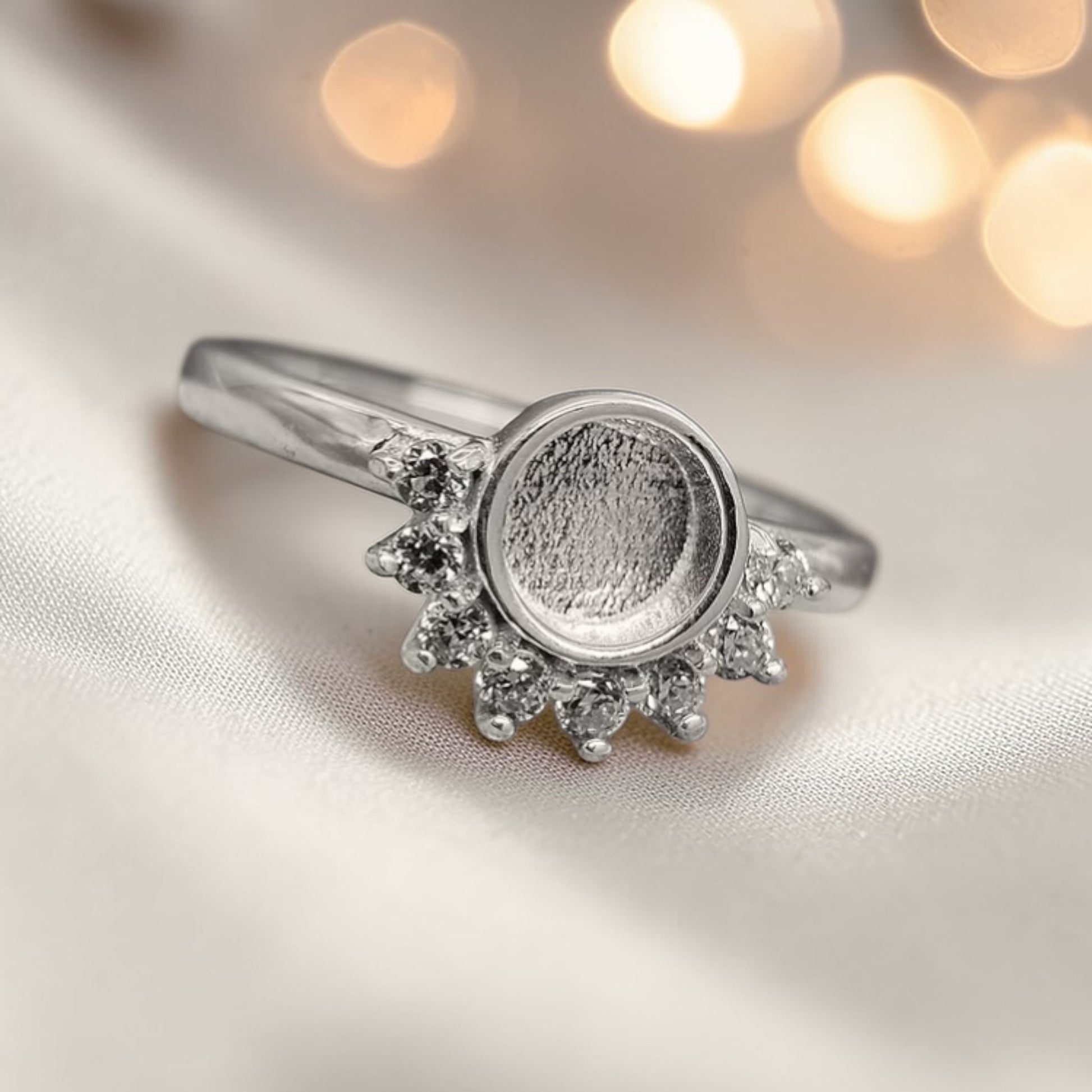 Aurora Ring — silver round CZ ashes memorial ring, handcrafted in the UK