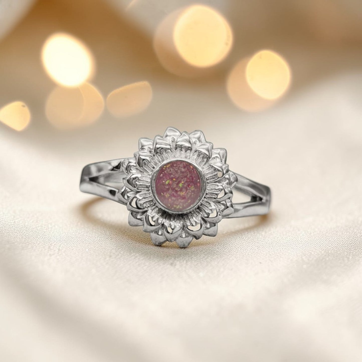 Flora Ring — silver sunflower ashes memorial ring, handcrafted in the UK