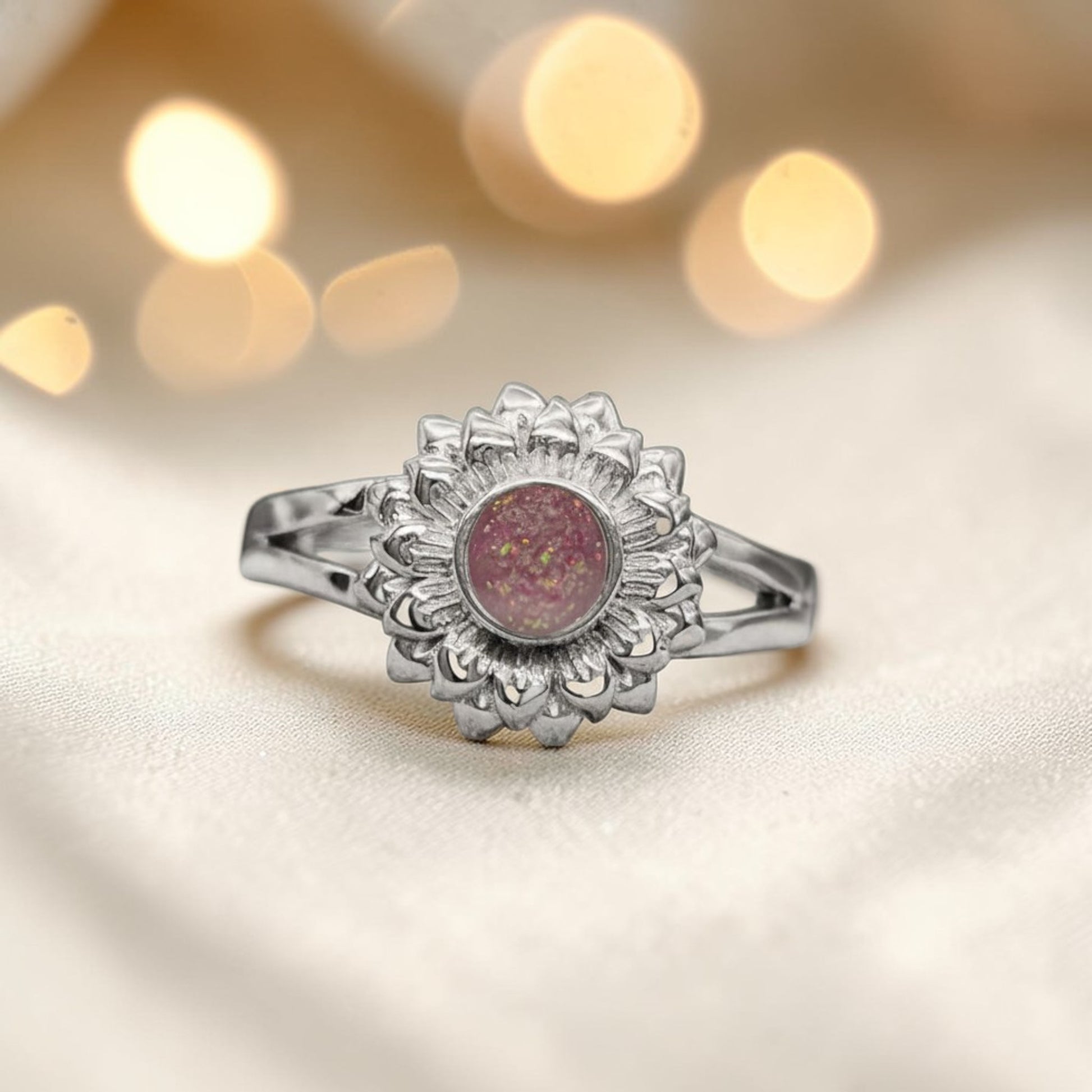 Flora Ring — silver sunflower ashes memorial ring, handcrafted in the UK