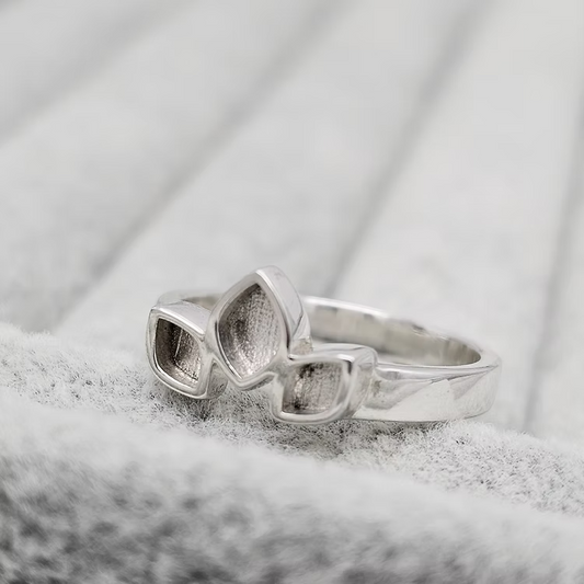 Silver triple leaf keepsake ashes ring, handcrafted in Lancashire, UK