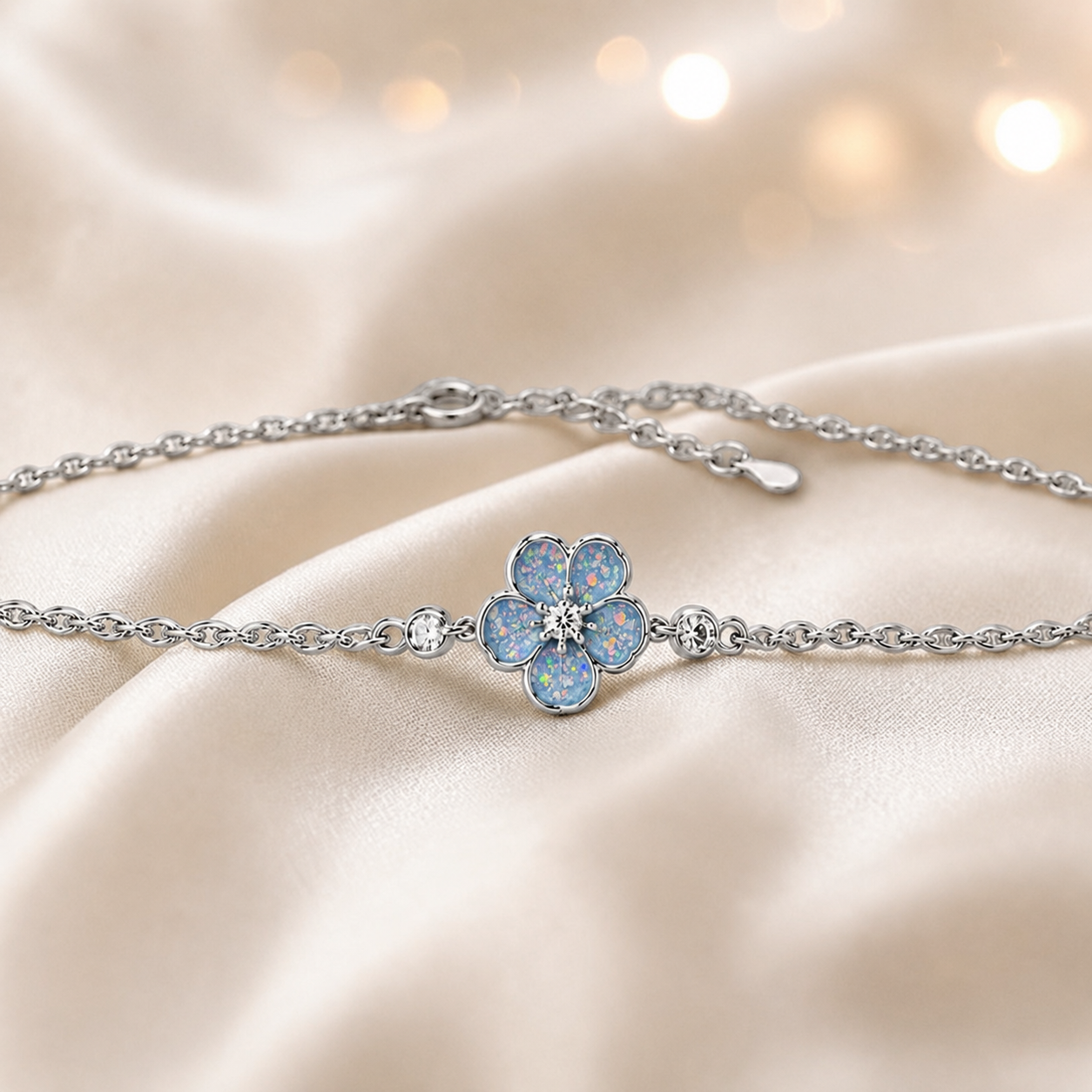 Sterling Silver Forget Me Not Memorial Bracelet in baby blue- Ashes Keepsake Jewellery UK
