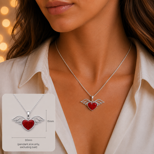 silver winged heart ashes memorial pendant, handcrafted in lancashire