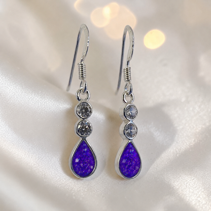 Acrux Earrings — silver pear drop ashes memorial earrings in Sleepy Lavender resin, handcrafted in Lancashire, UK