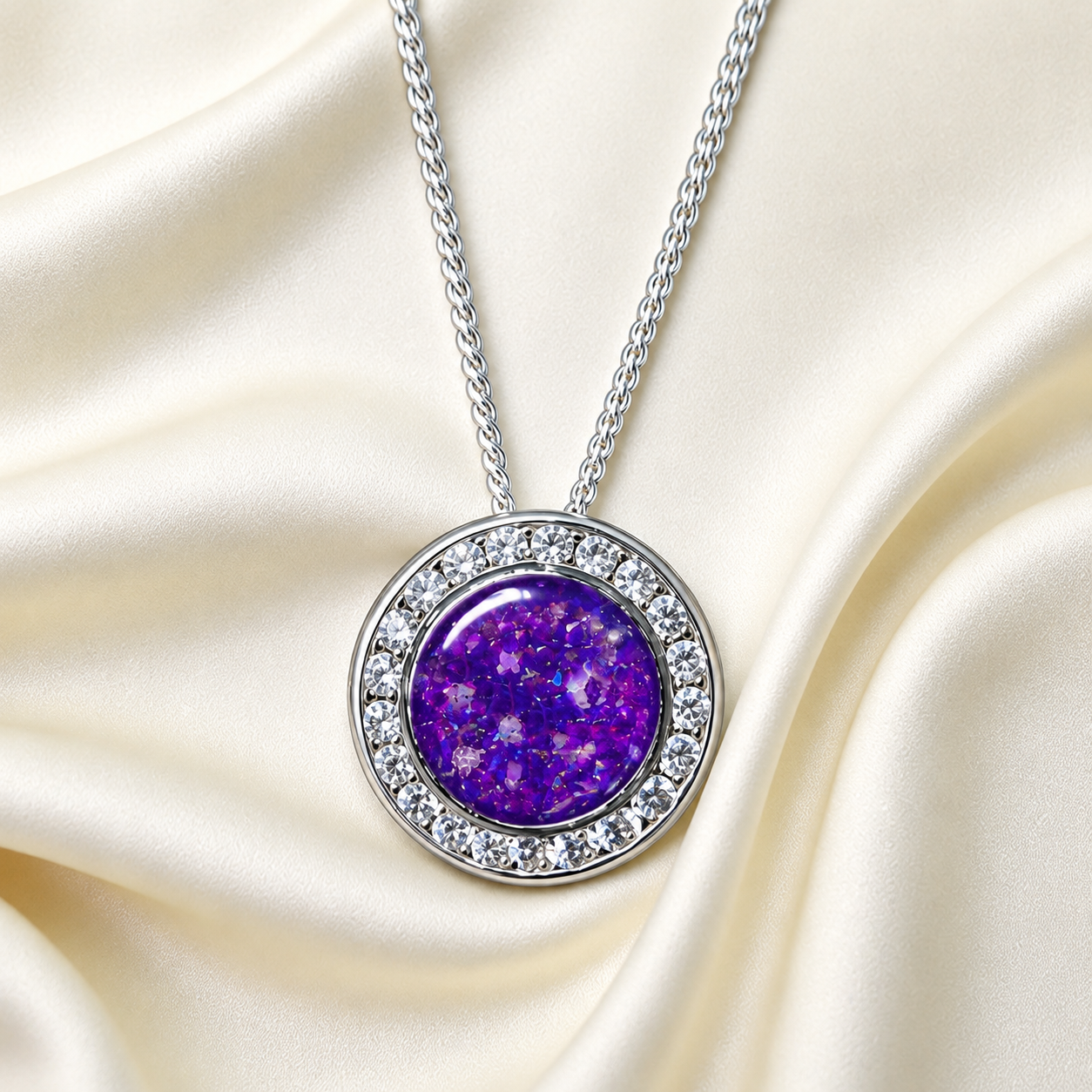 Alderan round halo CZ memorial pendant in Sleepy Lavender, 925 sterling silver, handcrafted in the UK