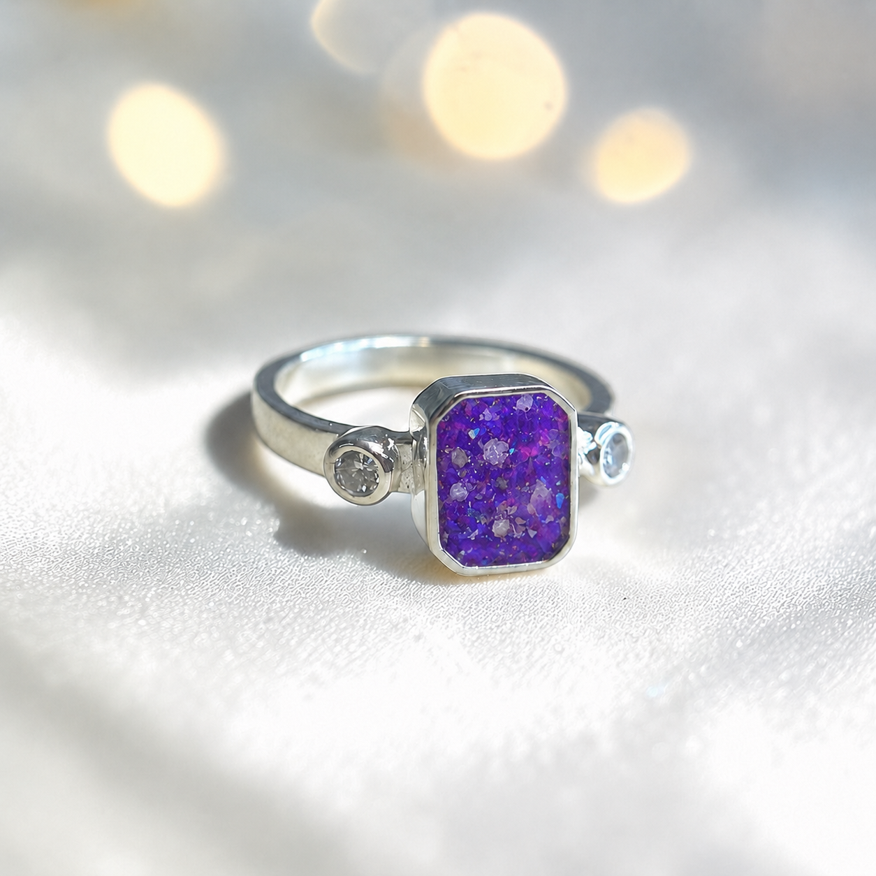 Keepsake Memorial Silver Anastasia Emerald Cut Ashes Ring in Sleepy Lavender— handcrafted in Lancashire, UK