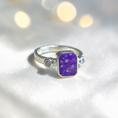 Keepsake Memorial Silver Anastasia Emerald Cut Ashes Ring in Sleepy Lavender— handcrafted in Lancashire, UK