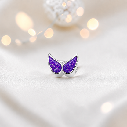 Sleepy Lavender sterling silver angel wing ashes memorial charm, handcrafted in Lancashire by keepsake memorial