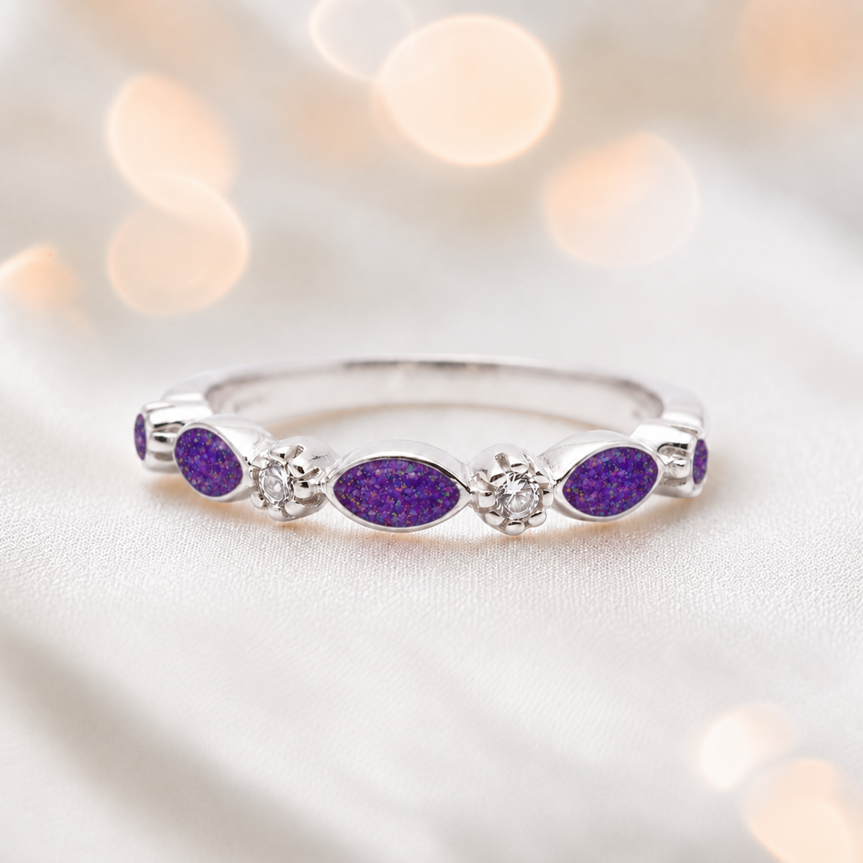 Keepsake Memorial Silver Arabella Half-Band Marquise Ashes Ring in Sleepy Lavender  — handcrafted in Lancashire, UK