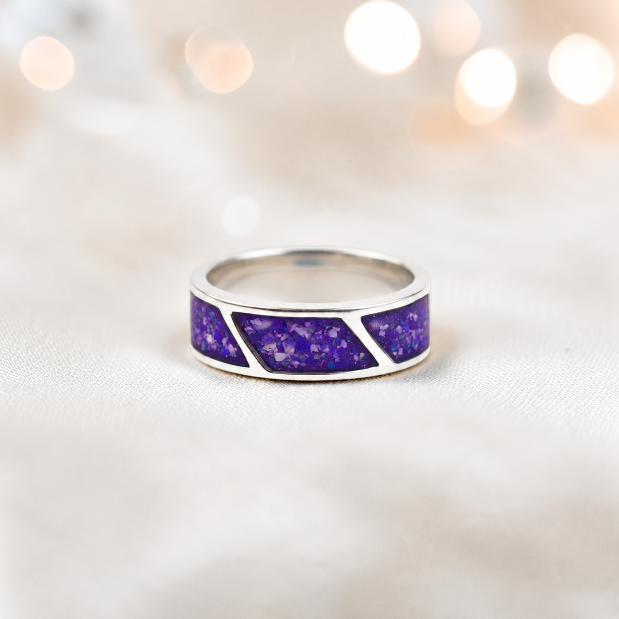 Sleepy lavender Axis men's sterling silver three setting ring, handcrafted in Lancashire UK by Keepsake Memorial Jewellery
