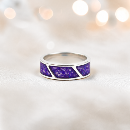 Sleepy lavender Axis men's sterling silver three setting ring, handcrafted in Lancashire UK by Keepsake Memorial Jewellery