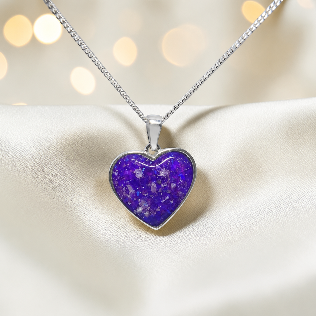 Silver Betel heart ashes memorial pendant in Sleepy Lavender, handcrafted in Lancashire UK