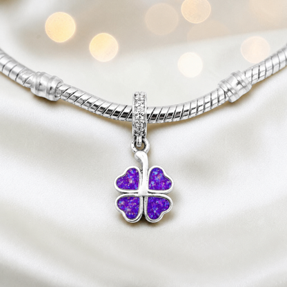 Sleepy lavender sterling silver clover dangle ashes memorial charm, handcrafted in Lancashire by keepsake memorial