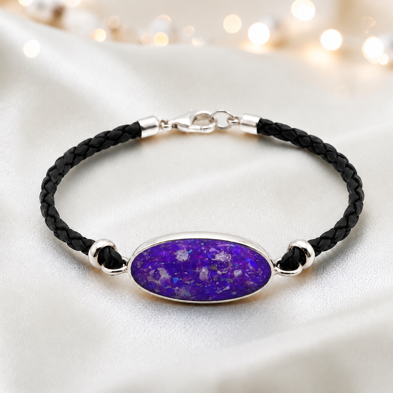 Sleepy lavender Continuum men's sterling silver and leather memorial bracelet , handcrafted in Lancashire UK by Keepsake Memorial Jewellery