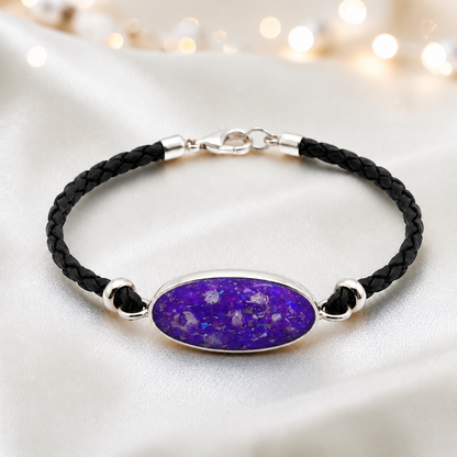 Sleepy lavender Continuum men's sterling silver and leather memorial bracelet , handcrafted in Lancashire UK by Keepsake Memorial Jewellery