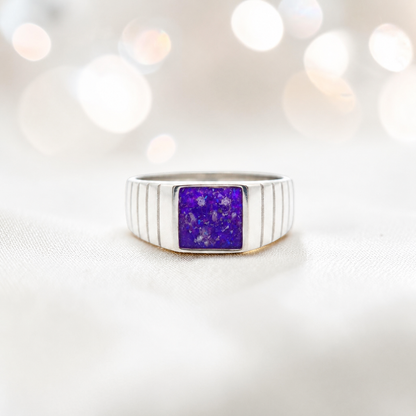 Sleepy Lavender Echo men's sterling silver memorial signet ring, handcrafted in Lancashire UK by Keepsake Memorial Jewellery