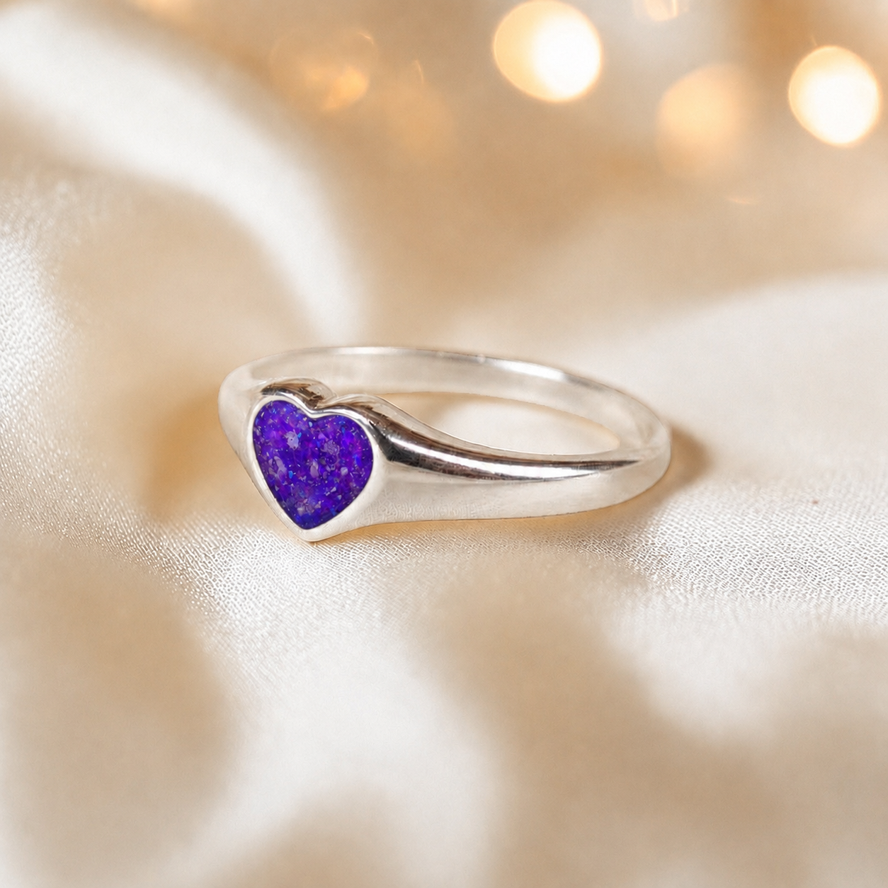 Eden Heart shaped memorial ashes ring in sleepy lavender,  handcrafted in Lancashire, UK.