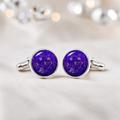 Sleepy lavender silver Eterna memorial ashes cufflinks, handcrafted in Lancashire UK