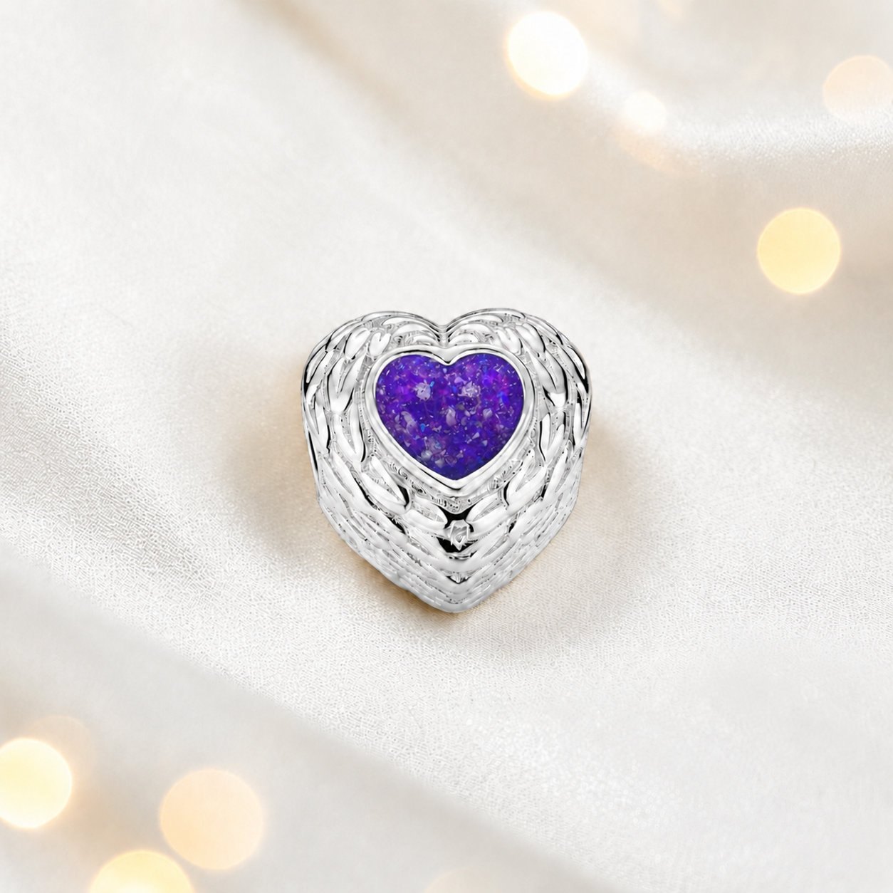 Sleepy lavender sterling silver peaceful whisper heart ashes memorial charm, handcrafted in Lancashire by keepsake memorial
