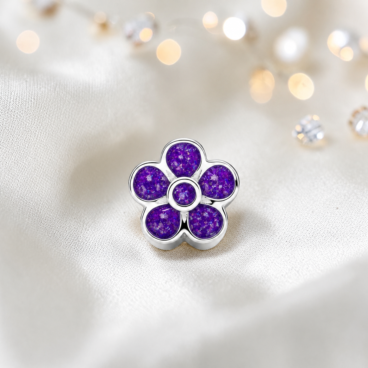 Sleepy lavender sterling silver flora, flower ashes memorial charm, handcrafted in Lancashire by keepsake memorial