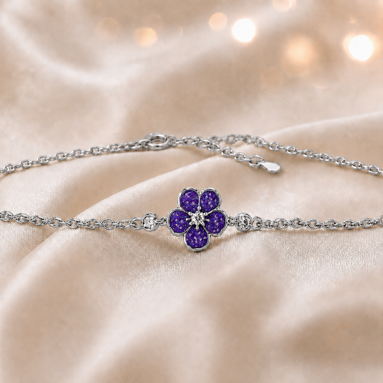 Sterling Silver Forget Me Not Memorial Bracelet in sleepy lavender, Ashes Keepsake Jewellery UK