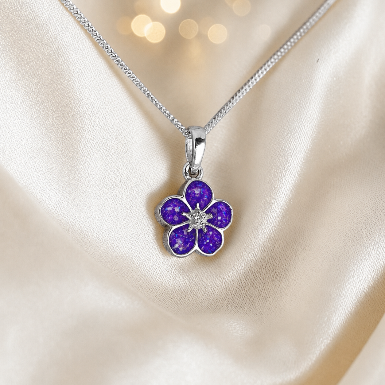 925 Sterling Silver Forget Me Not Memorial Pendant in sleepy lavender - Keepsake Memorial Jewellery