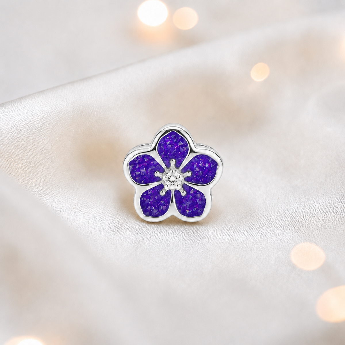 Sleepy lavender sterling silver forget me not ashes memorial charm, handcrafted in Lancashire by keepsake memorial